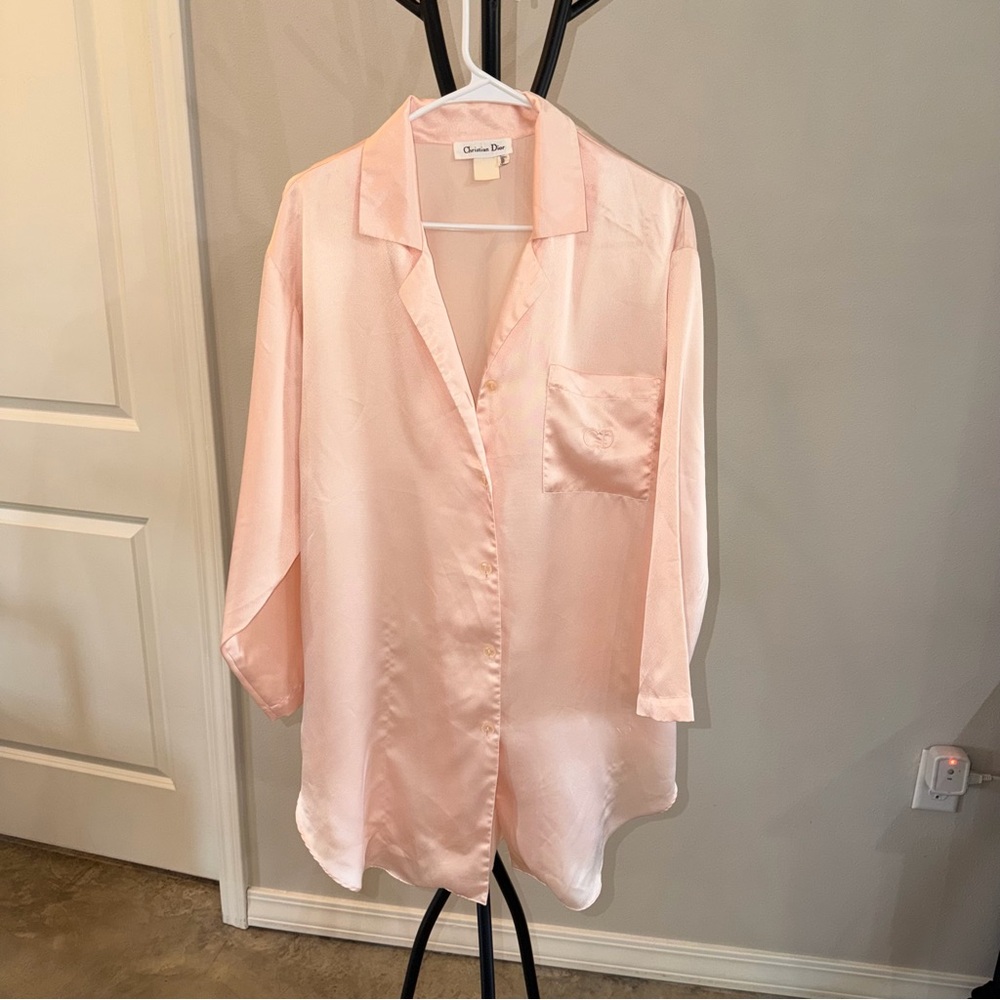 Christian Dior Peach Satin Button-Front Pajama Shirt